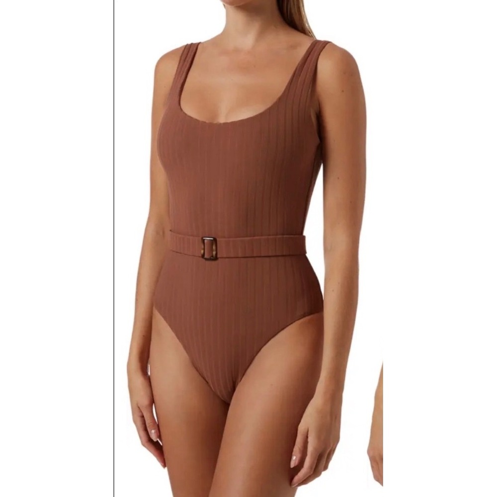 NWT Melissa Odabash Texas Coco Ribbed Belted One-Piece Swimsuit Brown Size 6